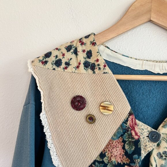 Vintage DIY Grandma Sweatshirt Cardigan M? Blue Shawl Collar Patchwork Button Up - Picture 3 of 10